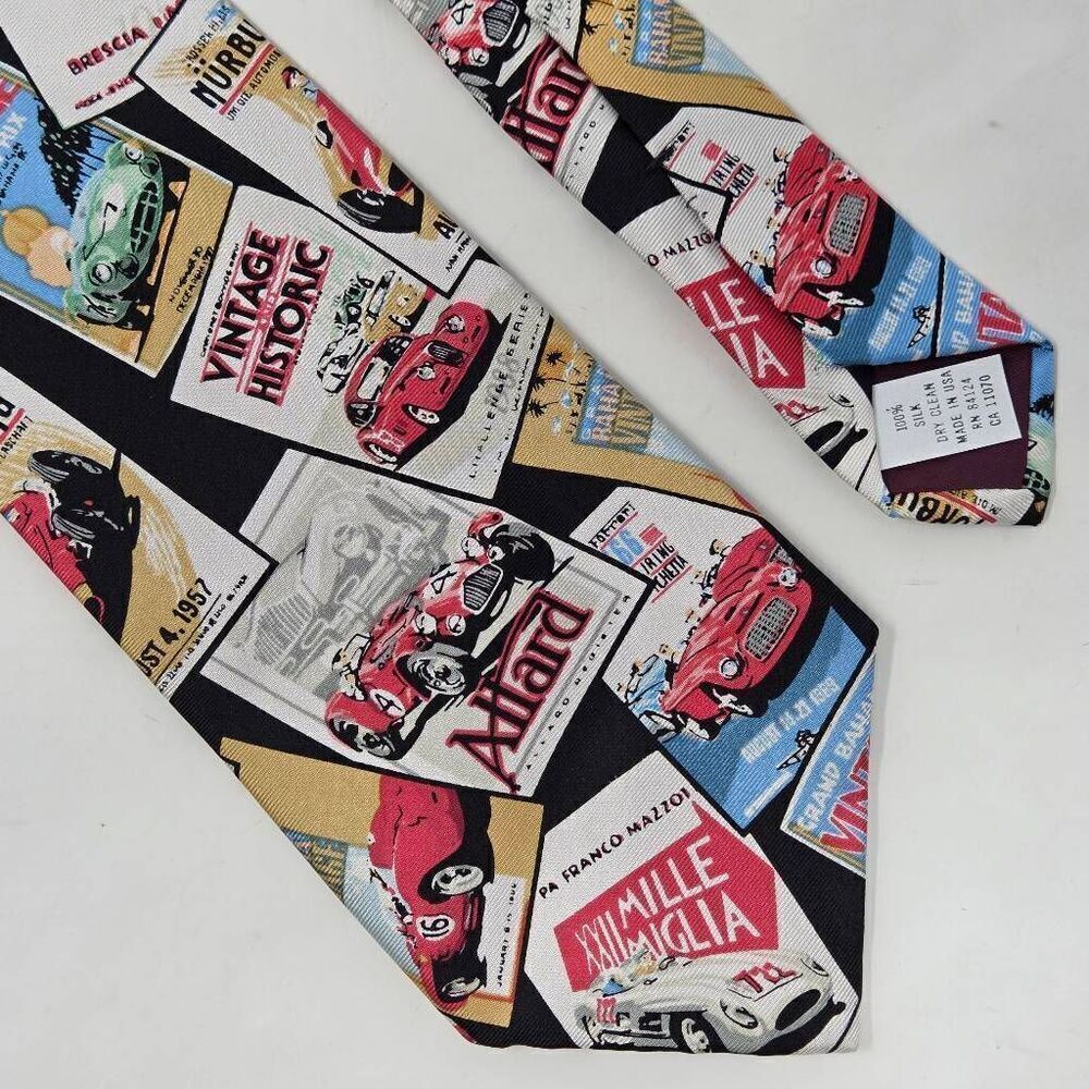 RM STYLE SILK TIE MONACO INDY RACING CARS POSTERS BLACK 3.75" X 57" VINTAGE